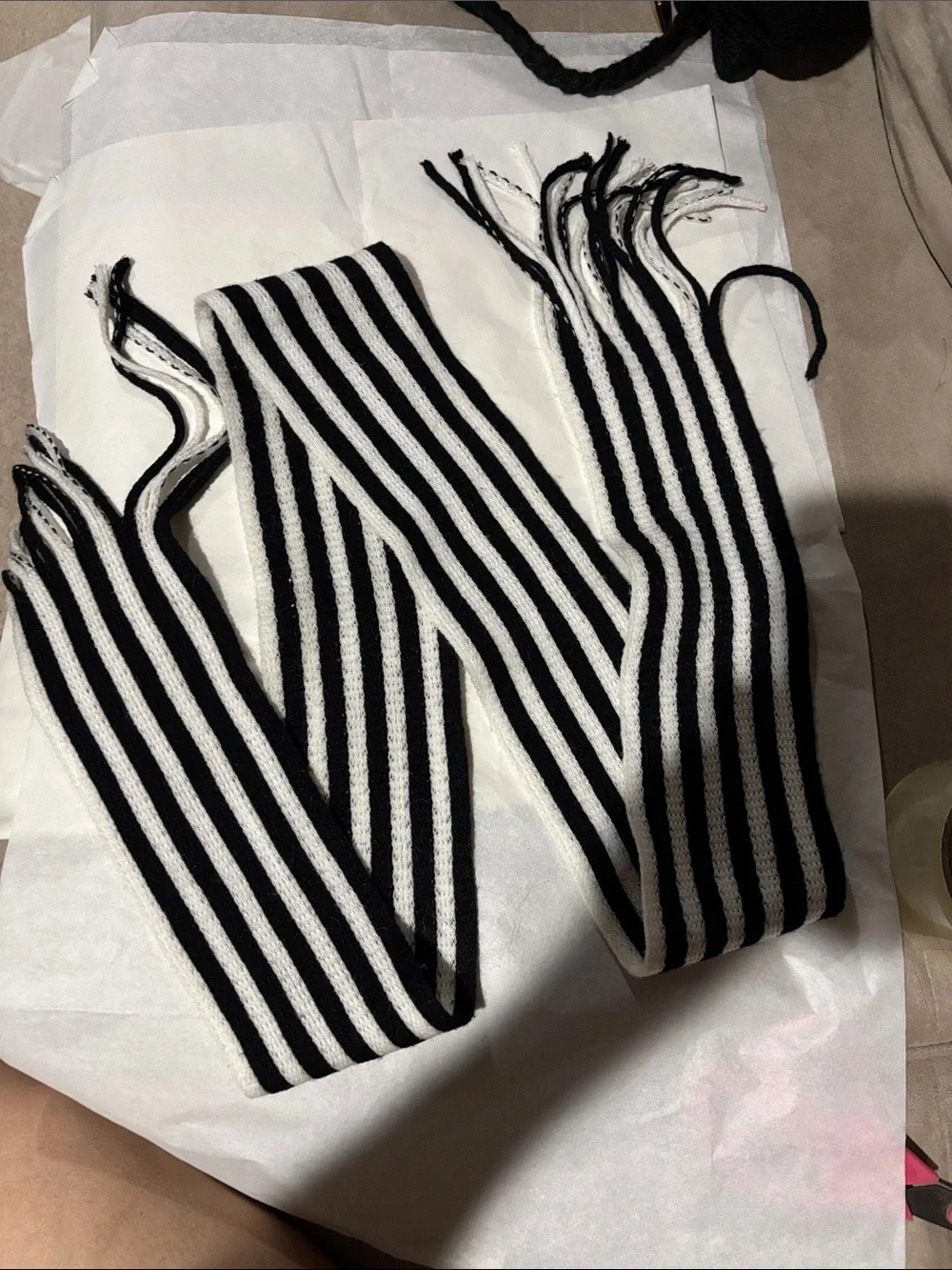 Black & White Penguin Knit Hat with Striped Scarf and Earflaps
